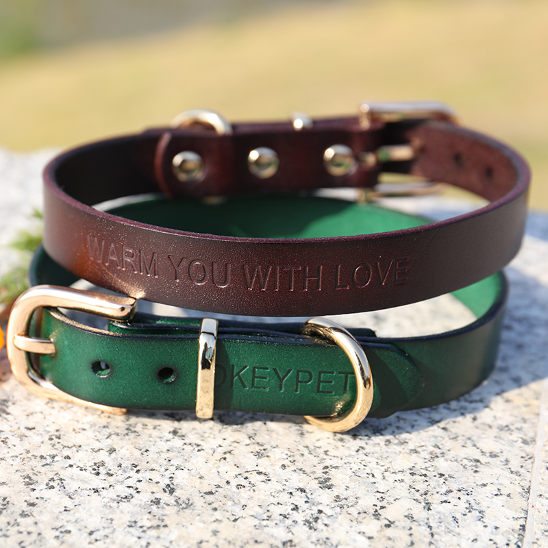 OKEYPETS - Collier pour chien OKEYPETS fait main, couleur unie marron, luxueux, ajustable, végan, véritable cuir économique, imprimé, en cuir véritable. 9