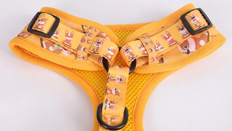 Harnais pour chien OKEYPETS en maille douce avec de jolis motifs de chiots de dessin animé jaune vif et laisse assortie. 10