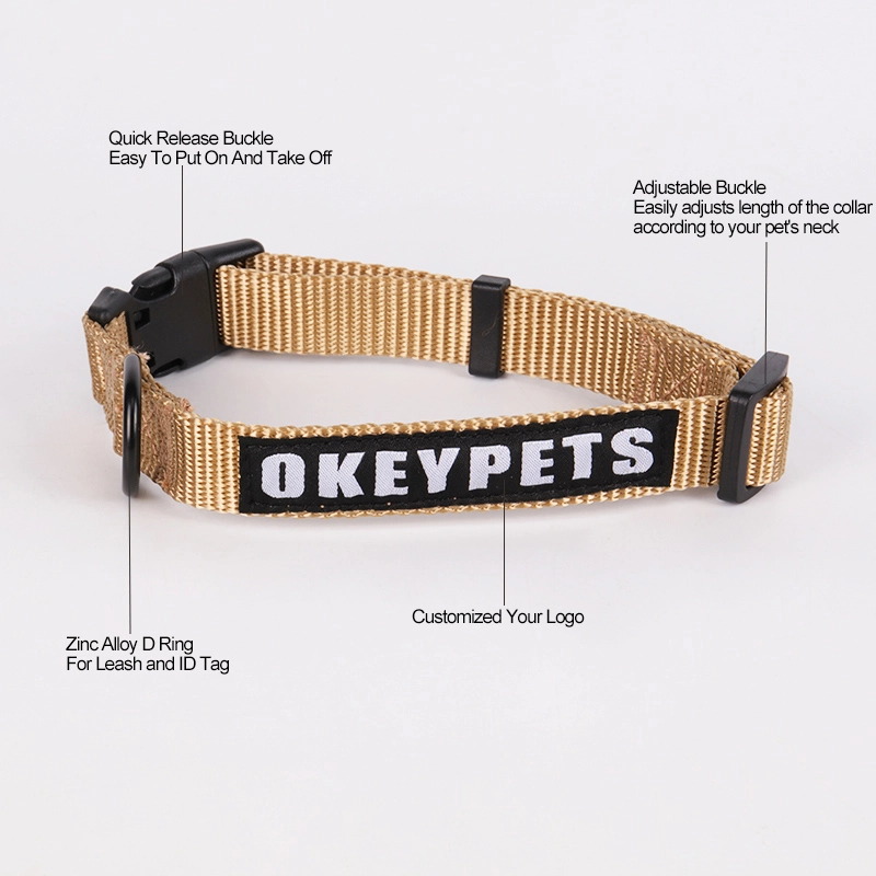 Collier pour chien OKEYPETS en nylon résistant et ajustable, couleur unie, avec logo tissé 2