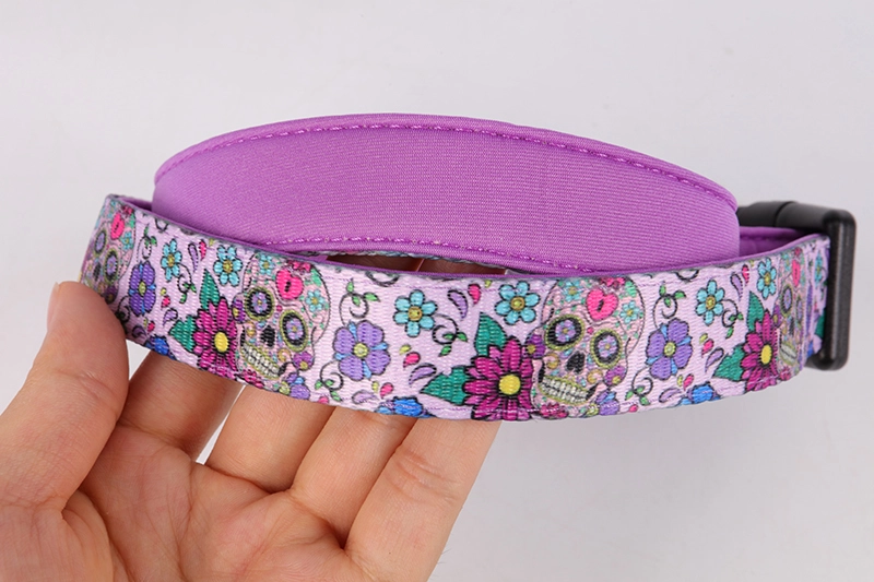 OKEYPETS Halsbanden en riemen voor honden met paarse bloemen en doodskoppen 11