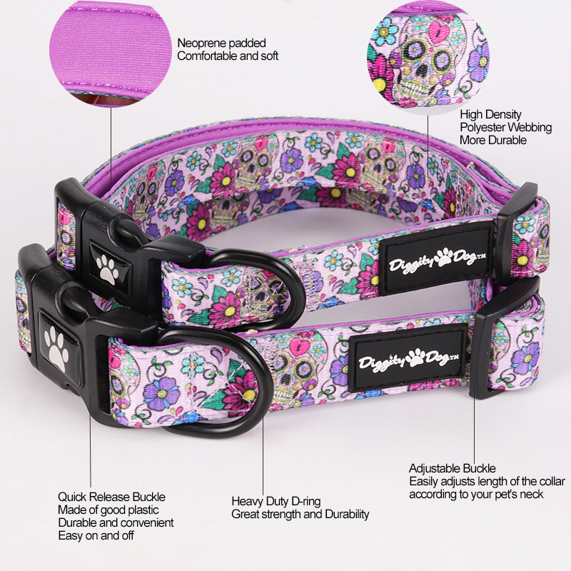OKEYPETS Halsbanden en riemen voor honden met paarse bloemen en doodskoppen 8