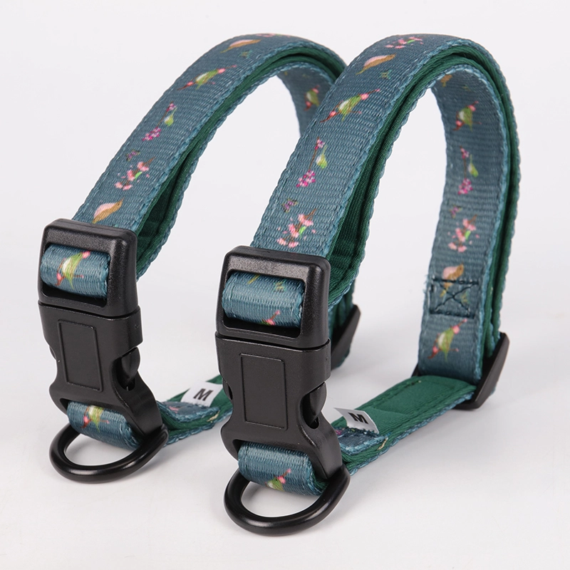 Colliers et laisses pour chiens personnalisés OKEYPETS, imprimés fleurs printanières noires et vertes avec oiseaux 10