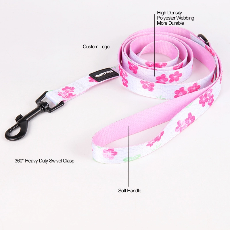 OKEYPETS Collier et laisse pour chien en sangle blanche imprimé floral rose 9