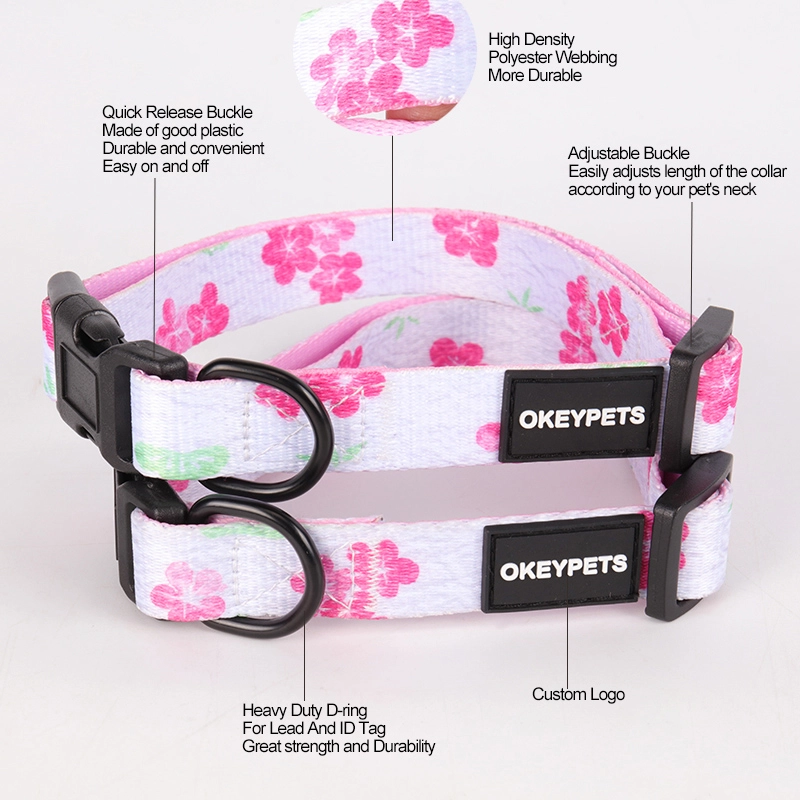 OKEYPETS Collier et laisse pour chien en sangle blanche imprimé floral rose 8
