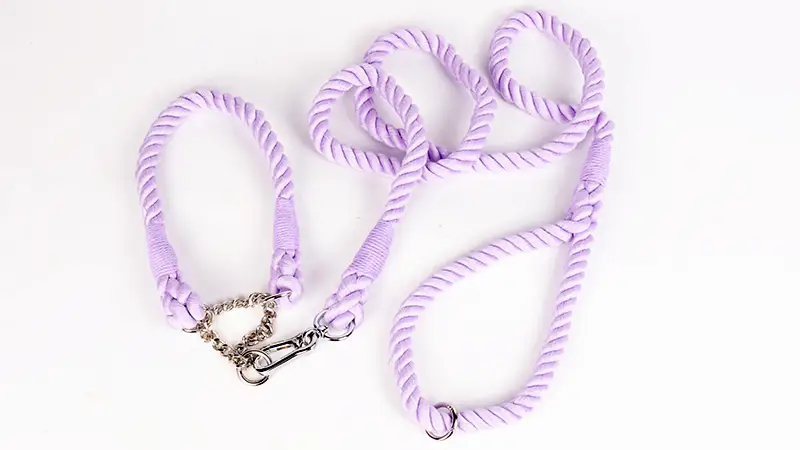 OKEYPETS Guinzaglio e collare per cani in cotone resistente e colorato viola con catena in acciaio inossidabile 1