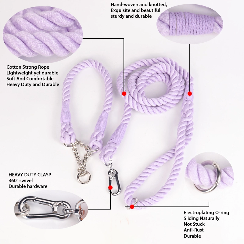OKEYPETS Guinzaglio e collare per cani in cotone resistente e colorato viola con catena in acciaio inossidabile 7