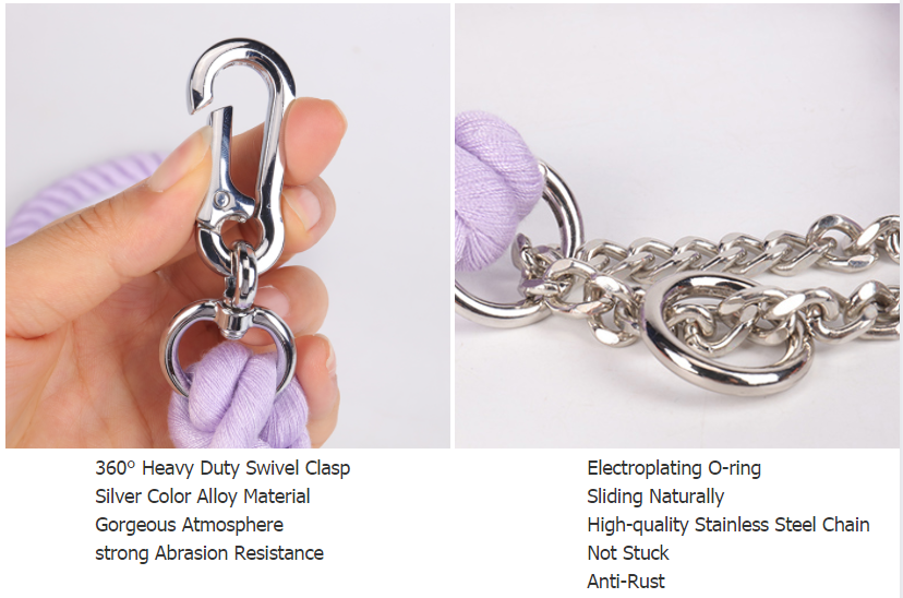 OKEYPETS Guinzaglio e collare per cani in cotone resistente e colorato viola con catena in acciaio inossidabile 8