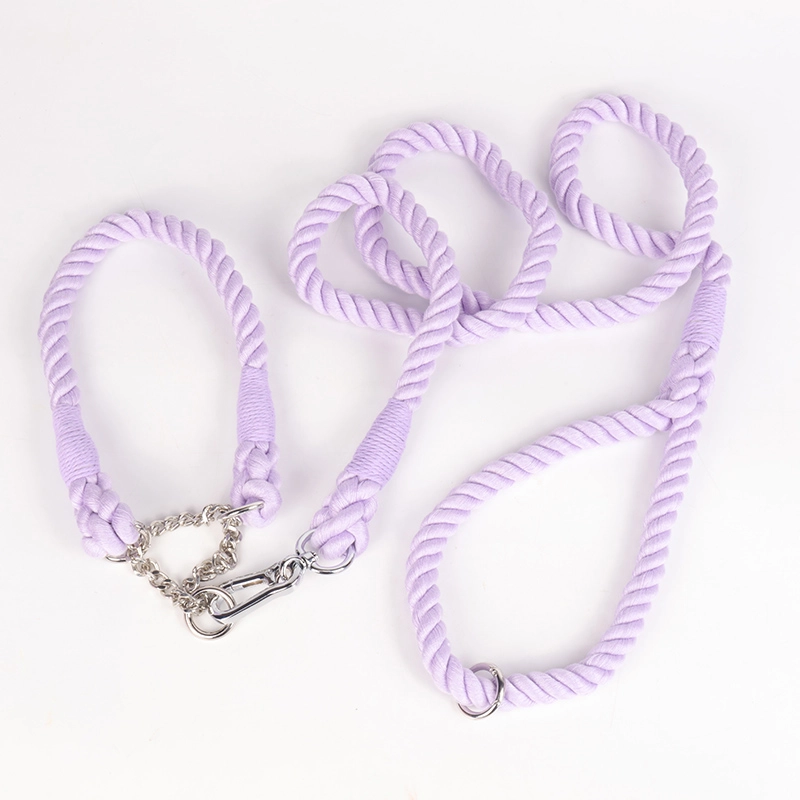 OKEYPETS Guinzaglio e collare per cani in cotone resistente e colorato viola con catena in acciaio inossidabile 10