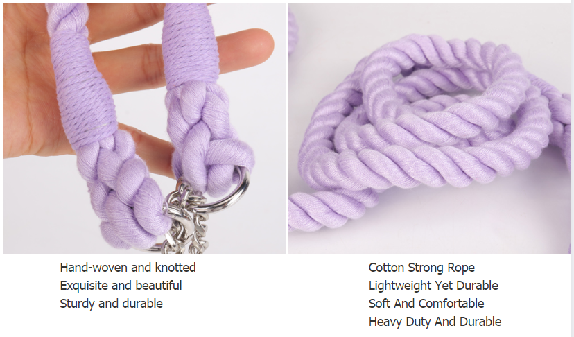 OKEYPETS Guinzaglio e collare per cani in cotone resistente e colorato viola con catena in acciaio inossidabile 9