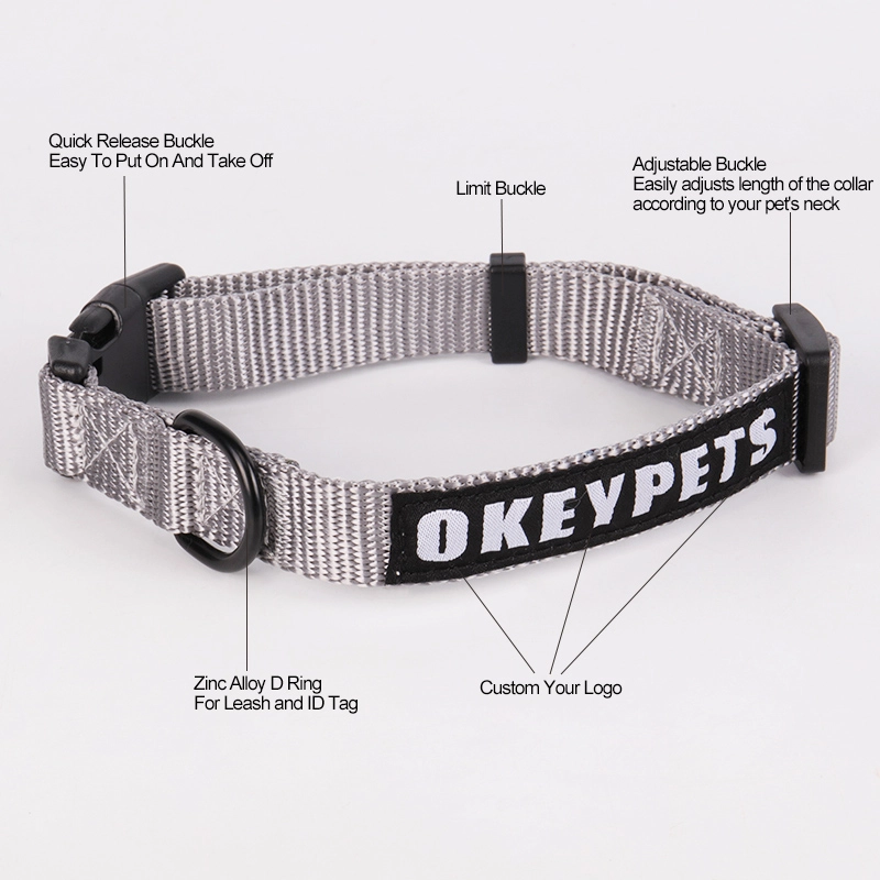 Collier pour chien OKEYPETS personnalisé, gris, réglable, en nylon haute densité 2