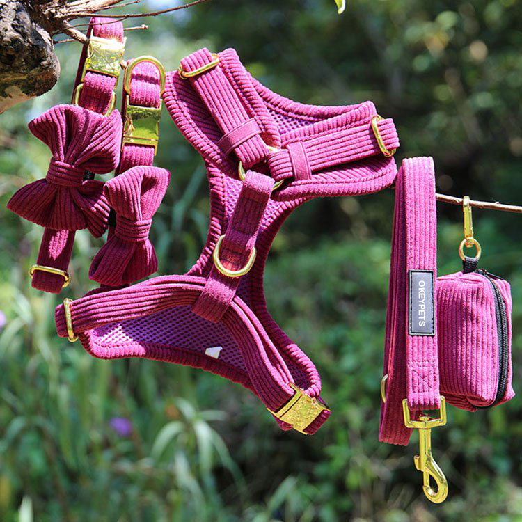 OKEYPETS Custom Corduroy Dog Harness Set-Soft  comfortable 3