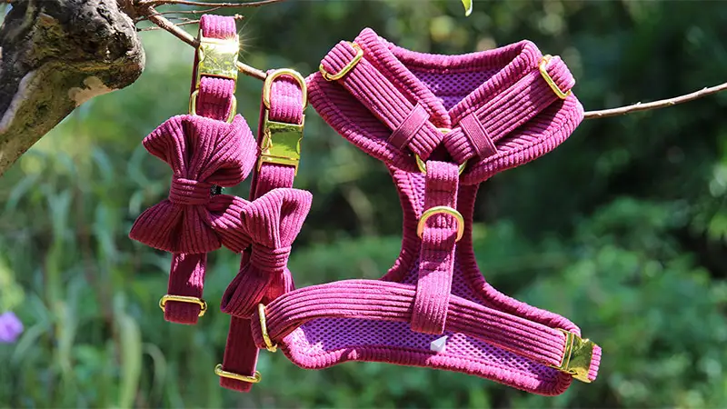 OKEYPETS Custom Designer Dog Harness Leash Pet Collar Cute Personalized Corduroy Dog Harness Set 1