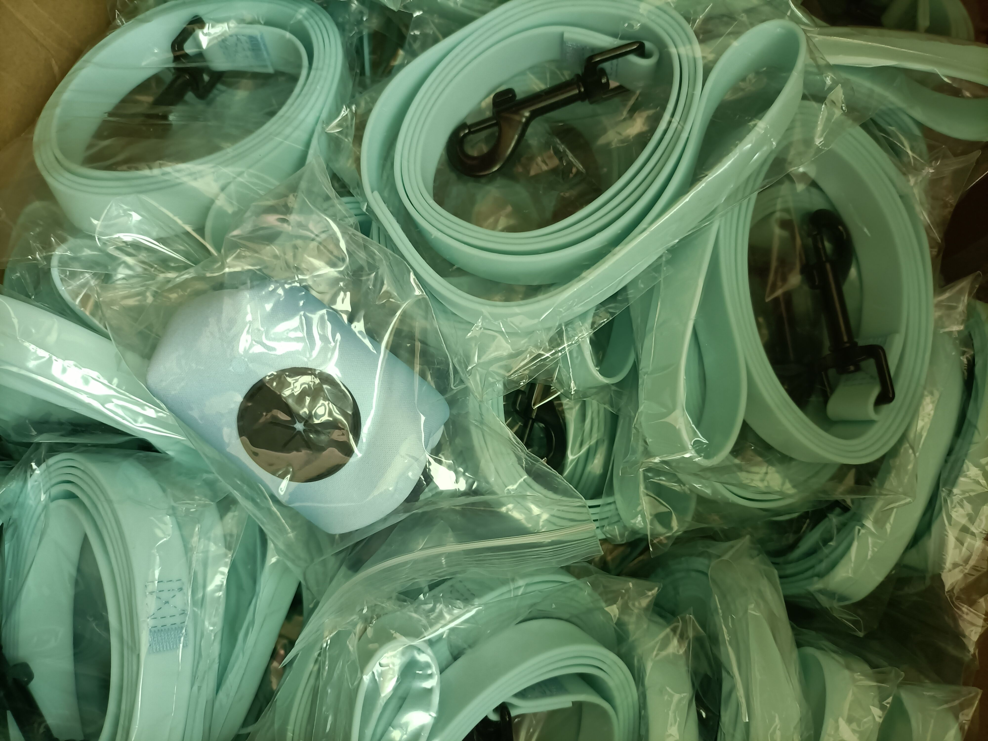 Ensemble collier et laisse pour chien en PVC multicolore, en vente en gros. Collier souple imperméable avec logo personnalisé et étiquette nominative. 21