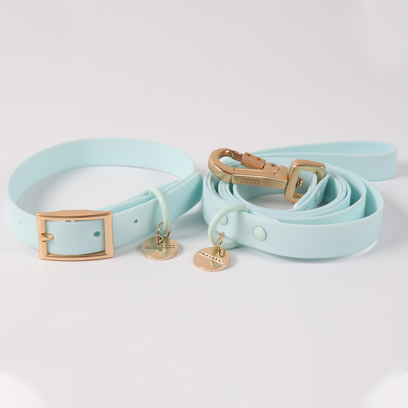 Ensemble collier et laisse pour chien en PVC multicolore, en vente en gros. Collier souple imperméable avec logo personnalisé et étiquette nominative. 14