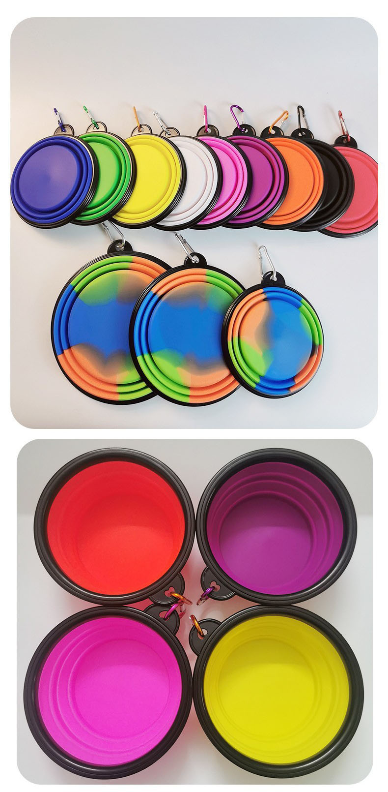 Gamelles pliables pour chiens et chats, idéales pour les voyages. Disponibles en gros. Fabriquées en silicone alimentaire et sans danger pour les petits chiens et chats. 13