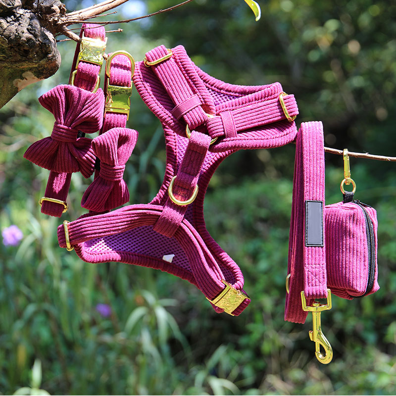 OKEYPETS Custom Designer Dog Harness Leash Pet Collar Cute Personalized Corduroy Dog Harness Set 3
