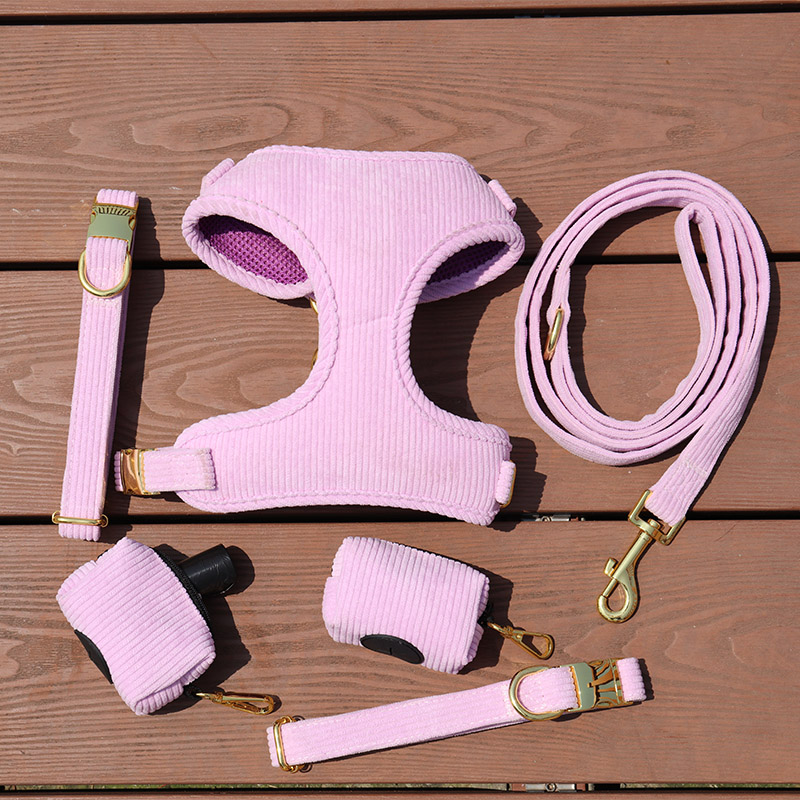 OKEYPETS Custom Designer Dog Harness Leash Pet Collar Cute Personalized Corduroy Dog Harness Set 11