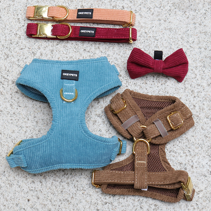 Ensemble harnais pour chien en velours côtelé bleu foncé, pour chiens de petite et moyenne race 2