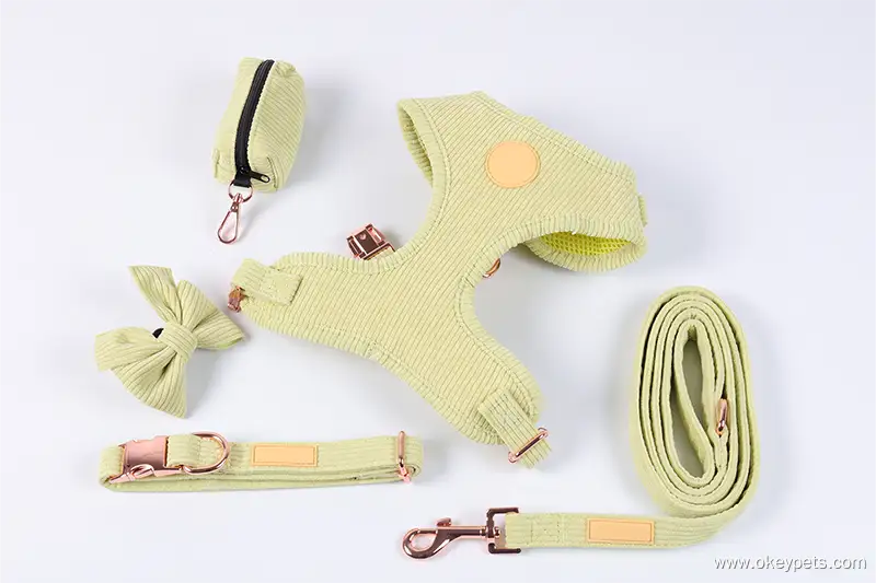 Postroj pro psy z manšestrového zeleného plátna, obojek, vodítko, motýlek, sáček na hovínka 1