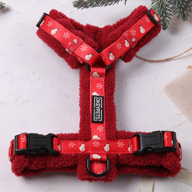Red sherpa fleece dog harness with Christmas snowman and snowflake pattern