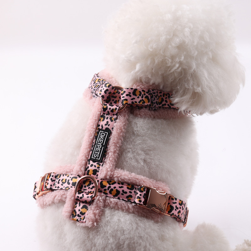 Back view of dog in sherpa dog harness with leash attached to the D-ring during a winter walk