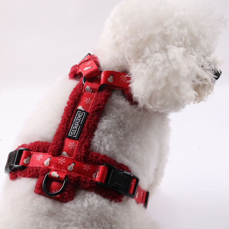 ide view of dog wearing sherpa fleece harness illustrating how the straps sit on the shoulders and back