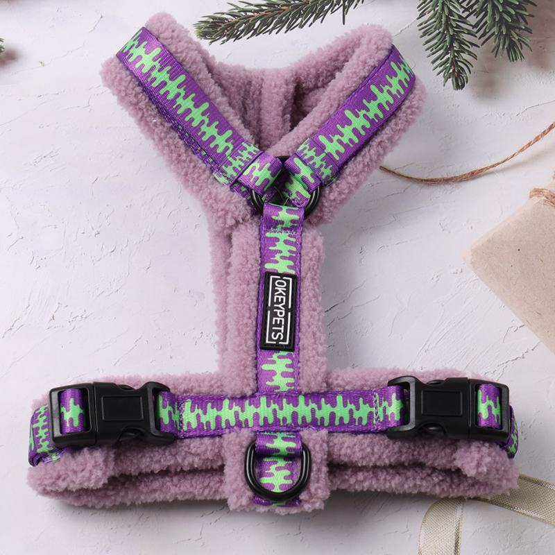 Inside view of sherpa dog harness showing plush fleece lining against the dog’s chest and back