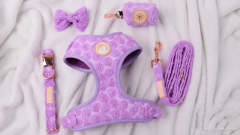 OKEYPETS Custom Flower Crochet Dog Harness Set Dog Collar Dog Leash 1
