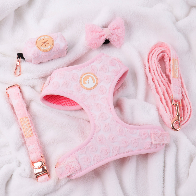 Ensemble harnais pour chien ajustable et personnalisé au crochet de fleurs, collier et laisse pour chien 15