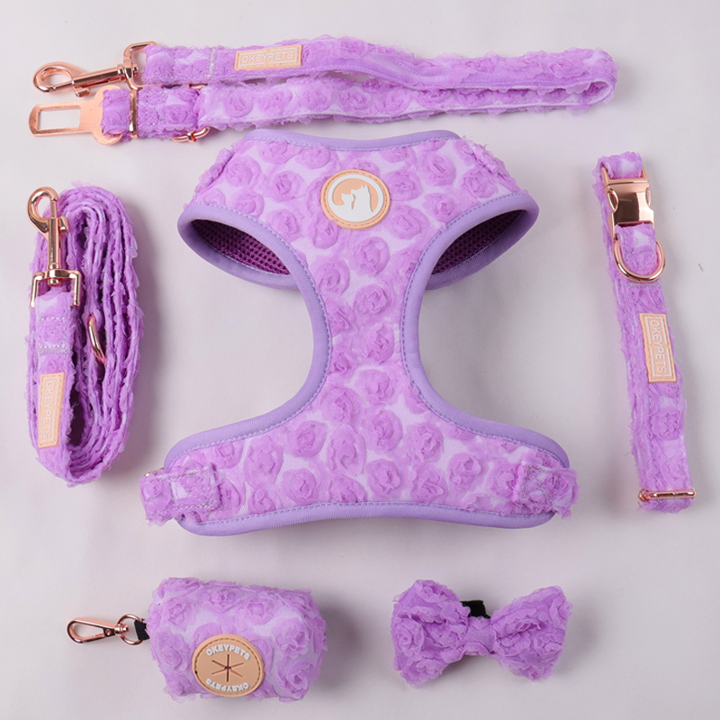 OKEYPETS Custom Flower Crochet Dog Harness Set Dog Collar Dog Leash 7