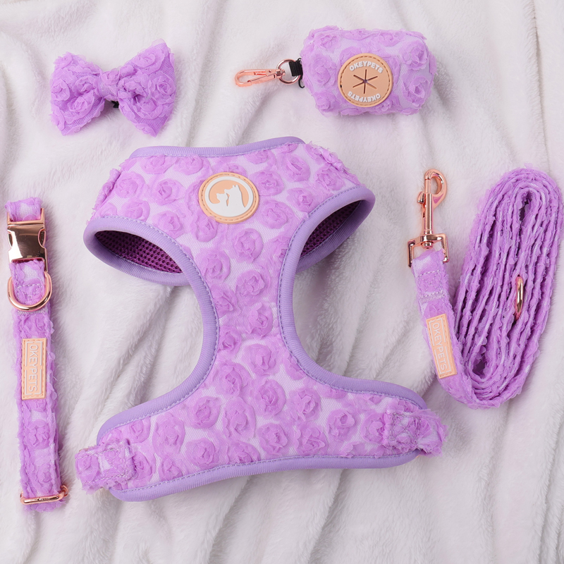 Ensemble harnais pour chien ajustable et personnalisé au crochet de fleurs, collier et laisse pour chien 14