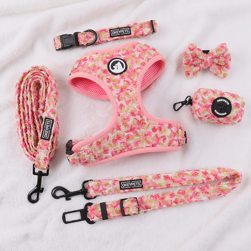 Ensemble harnais pour chien ajustable et personnalisé au crochet de fleurs, collier et laisse pour chien 16