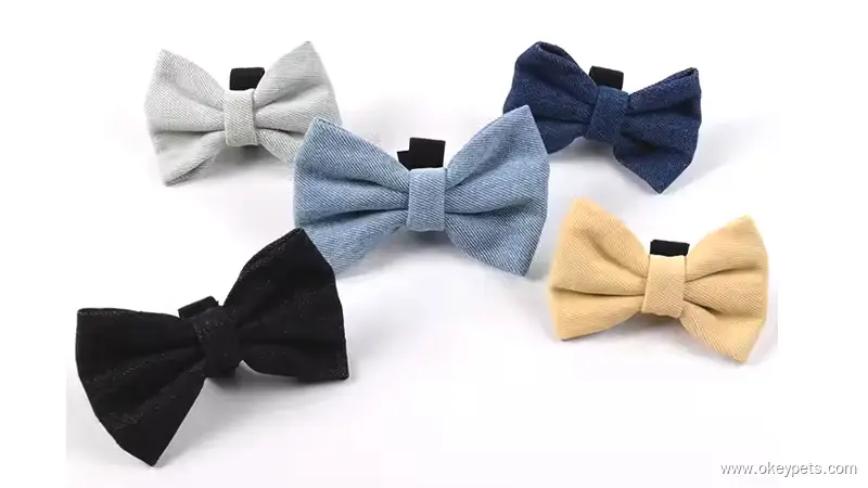 Nœud papillon en denim pour chien, accessoire personnalisé pour animaux de compagnie, nœud papillon mignon et tendance pour chiot avec collier 1