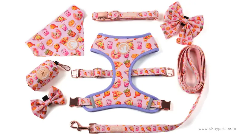 OKEYPETS Ensemble harnais double face personnalisé pour chien, collier et laisse en polyester 1