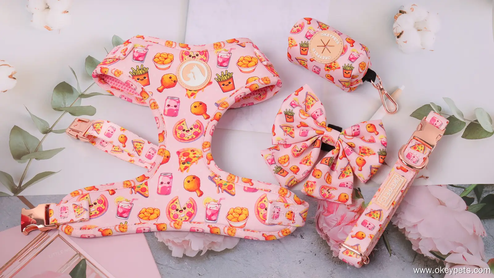 OKEYPETS Harnais pour chien en néoprène rose personnalisé, collier et laisse pour chien, sublimation incluse 1