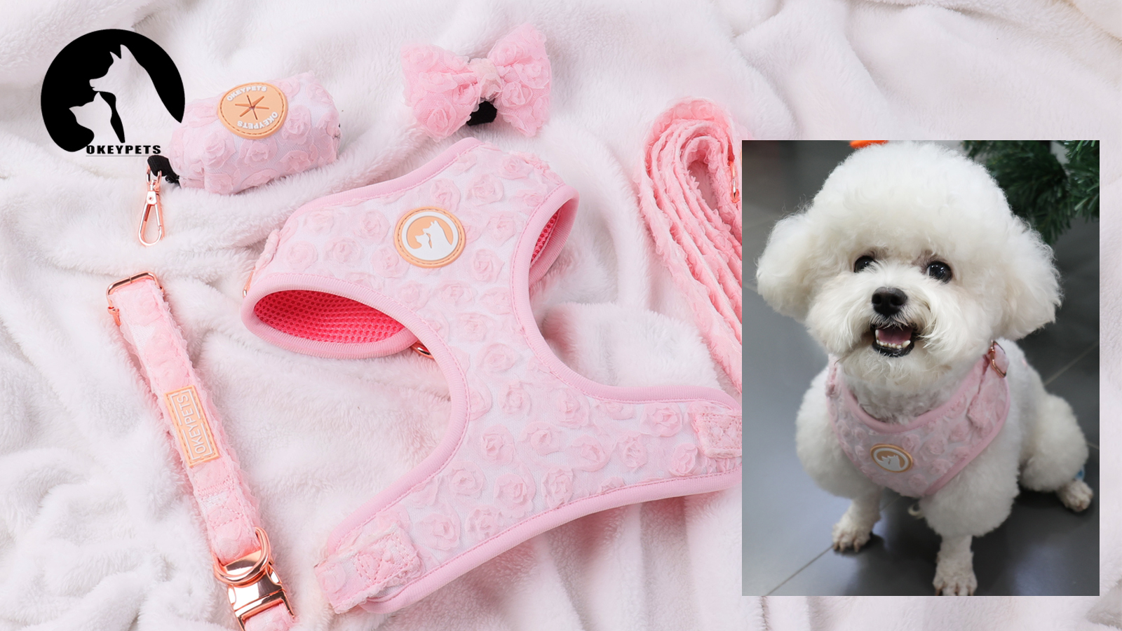 Harnais pour chien Okeypets avec nœud papillon et laisse en crochet fleuri, ensemble de harnais personnalisé. 7