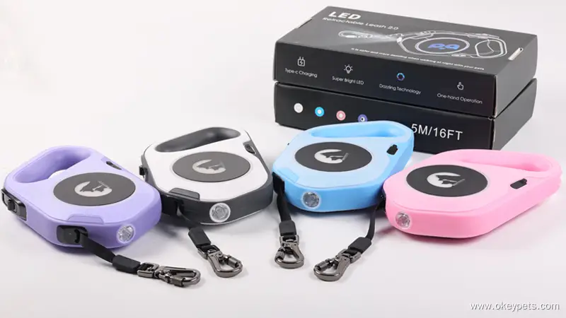 Laisse rétractable personnalisée OKEYPETS pour chien, ultra-résistante, avec lampe torche LED rechargeable 1