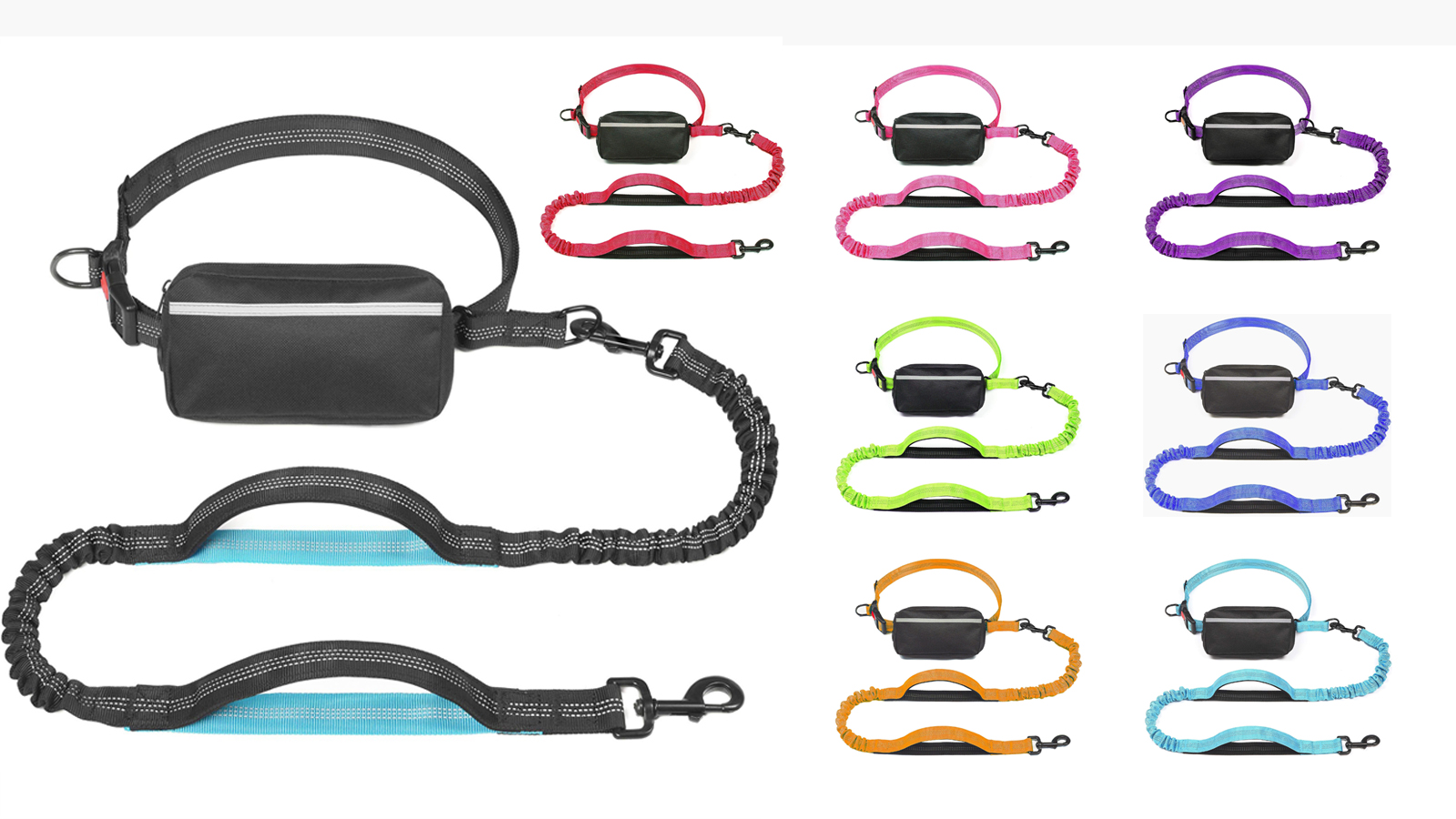 Laisse pour chien élastique résistante à double poignée rembourrée, mains libres, avec pochette zippée (vente en gros) 7