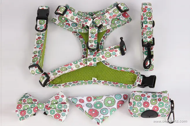 Рекламный OEM-набор OKEYPETS: красочная, прочная, двусторонняя шлейка для собак, поводок, ошейник, держатель для пакетов для уборки за питомцем. 1