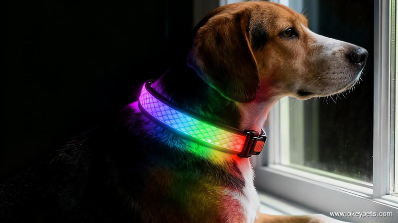  Le chien détourne la tête du collier à LED clignotante, montrant des signes d'inconfort oculaire.