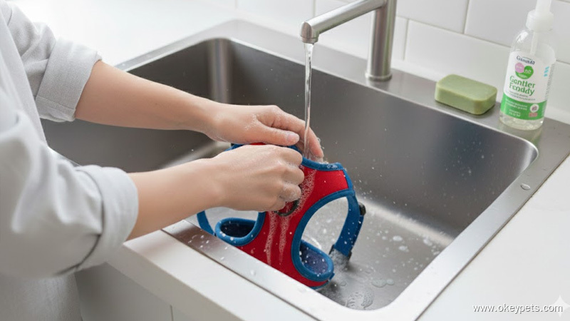  Léaráid céim ar chéim de ghlanadh cothabhála tapa le haghaidh úim madra ag baint úsáide as uisce te, glantach éadrom agus éadach bog