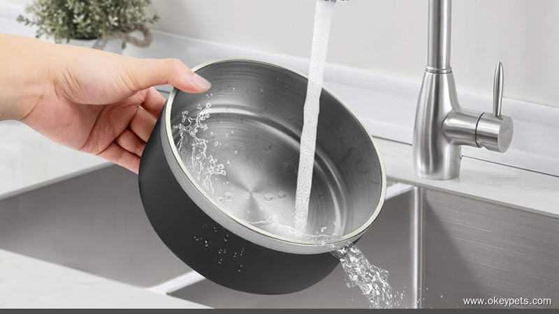 Un propriétaire lave une gamelle pour chien en acier inoxydable dans un évier, en suivant les recommandations d'hygiène.