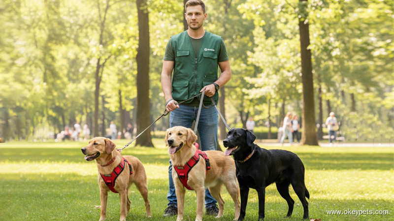 Chien portant un harnais anti-traction OKEYPETS marchant en laisse détendue aux côtés de son propriétaire