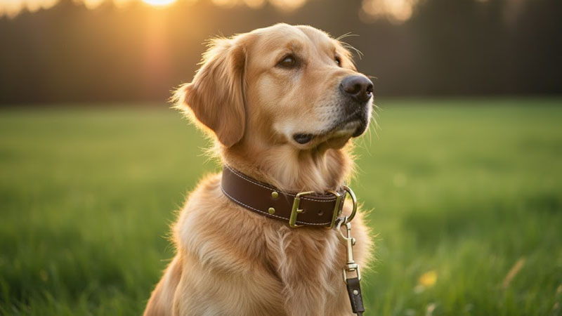 Kolar rata, kolar martingale, abah-abah dengan kolar dan alat latihan dipaparkan untuk perbandingan pemasangan kolar anjing
