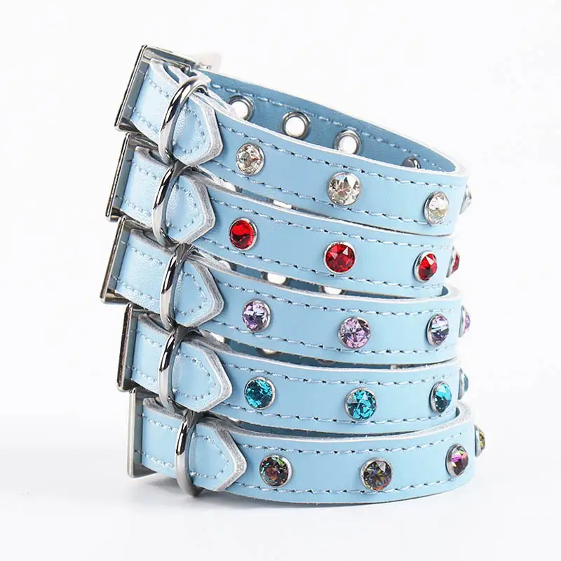 Light blue rhinestone studded PU leather dog collars