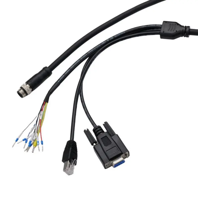 Barcode Reader Cable, Four connectors, M12 A-Code 17-pin Female to 8P8C to DB 9-pin Female to DC to OPEN, For Code Reader 1