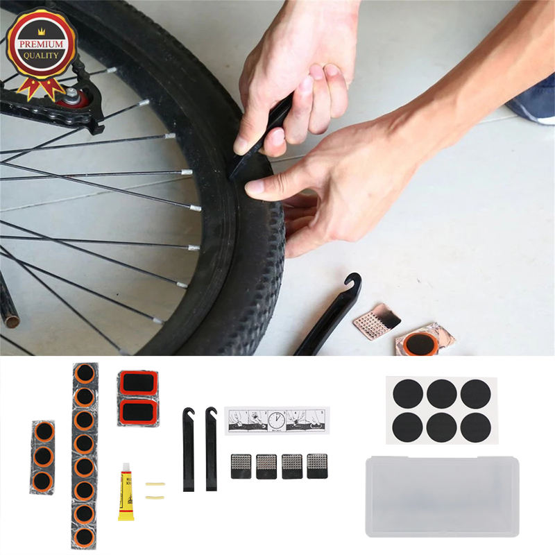 Kit de réparation de pneu intérieur de vélo (13 pièces) : rustines vulcanisées, 6 rustines sans colle, 4 grattoirs métalliques, boîte de rangement. 9