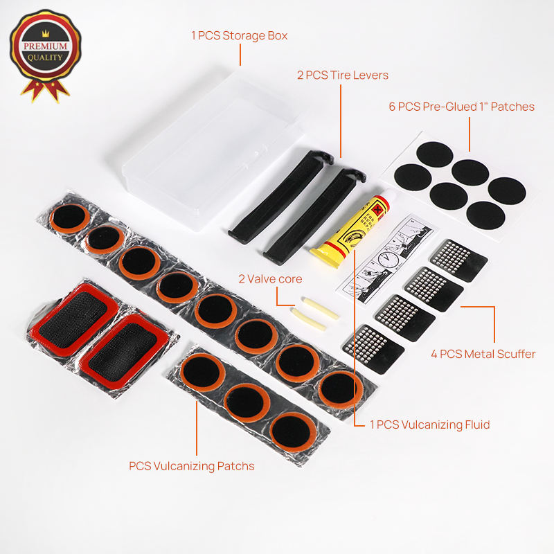 Kit de réparation de pneu intérieur de vélo (13 pièces) : rustines vulcanisées, 6 rustines sans colle, 4 grattoirs métalliques, boîte de rangement. 11