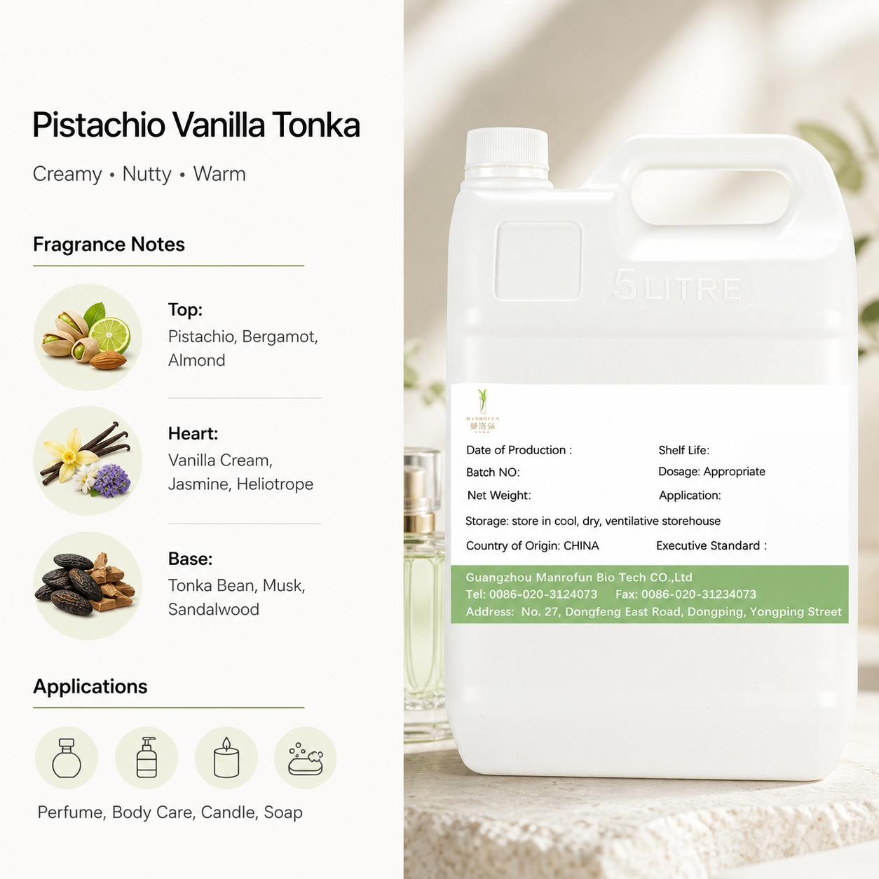Aceite perfumado gourmand con pistacho, vainilla y haba tonka. 2