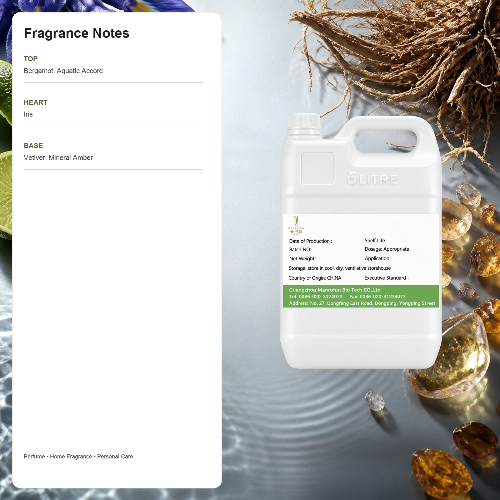 Bergamot Iris Vetiver Perfume Oil with a Clean Aquatic Profile 2